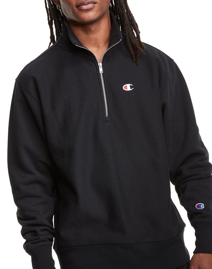 Champion Reverse Weave 1/4 Zip Embroidered C Logo Erkek Sweatshirt Siyah ( UYLVGE240 )